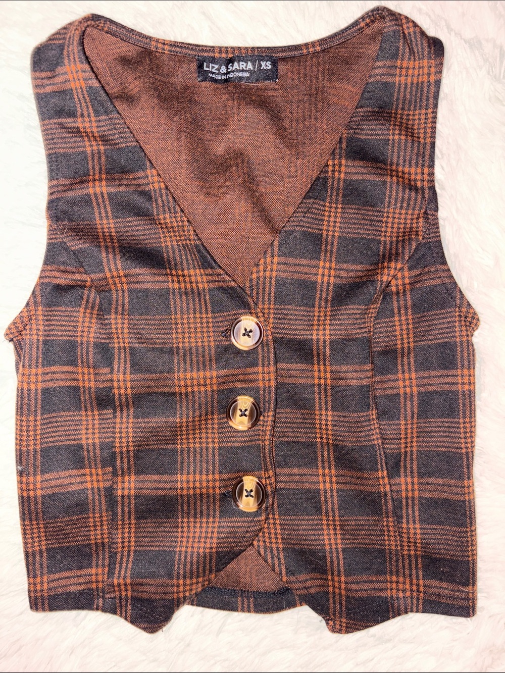 Liz & Sara Women's Brown Plaid Button Vest - XS